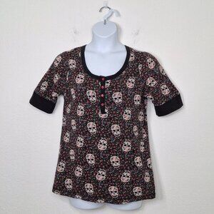 Torrid Floral Skull Thermal Henley Top Sz 1Vintage Y2K Grunge Boho Colorful